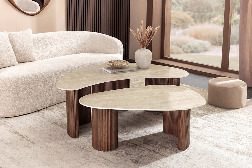 2er Set Couchtische OSAKA 120cm champagner greige Travertin Keramik Walnuss