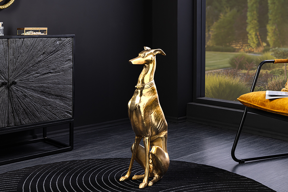 Design Skulptur GREYHOUND 70cm gold Metall Aluminium Windhund Figur