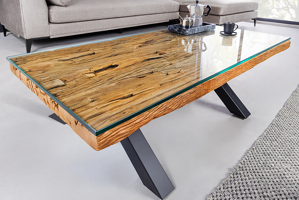 Massiver Couchtisch BARRACUDA 110cm antik natur Teakholz X-Gestell Glasplatte
