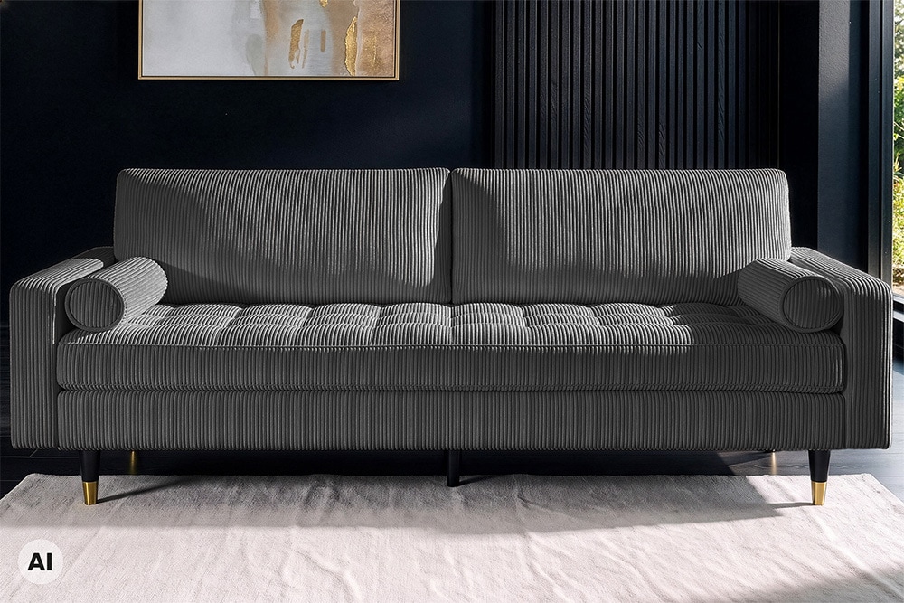3er Sofa COZY VELVET 220cm grau Cord mit goldener Kappe