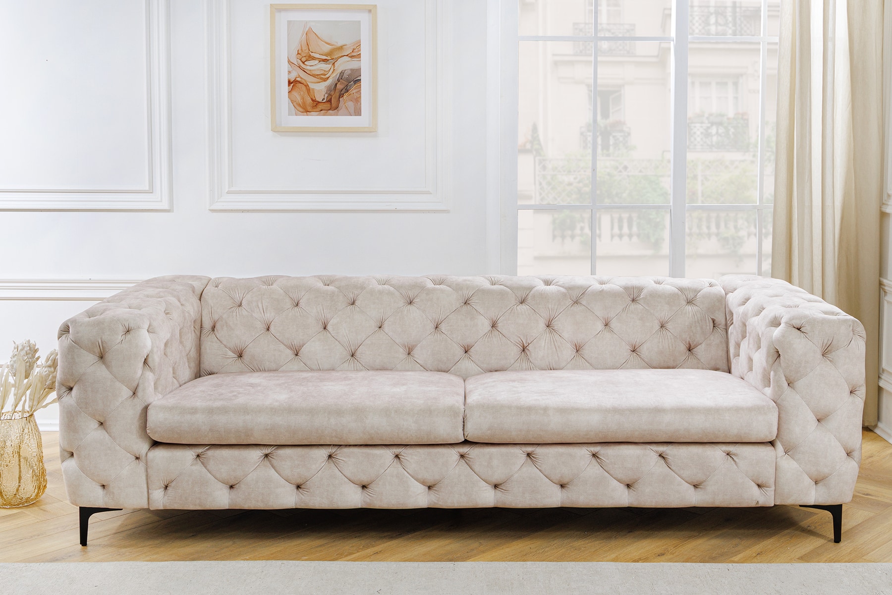 Chesterfield 3-Sitzer Sofa MODERN BAROCK 235cm champagner beige Samt Federkern