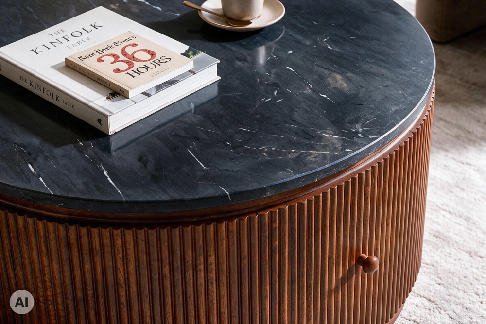 Runder Couchtisch COFFEE TABLE GATSBY 70cm braun schwarz Mangoholz Marmor Schublade
