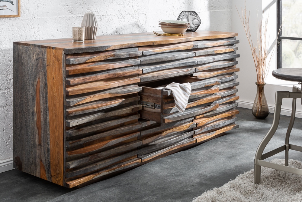 Massivholz Sideboard RELIEF 160cm Sheesham grau smoke finish Kommode mit Schubladen