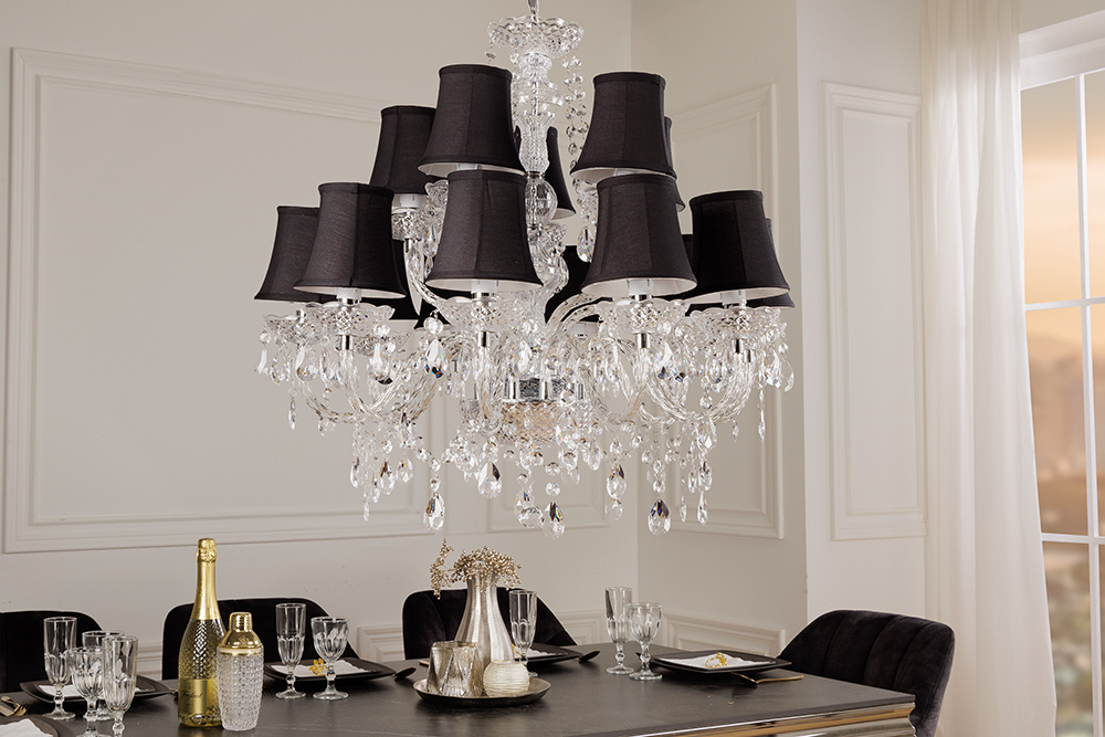 Design Kronleuchter CRYSTAL XL 80cm klar Acryl 15-armig Lüster schwarz mit Schirmen