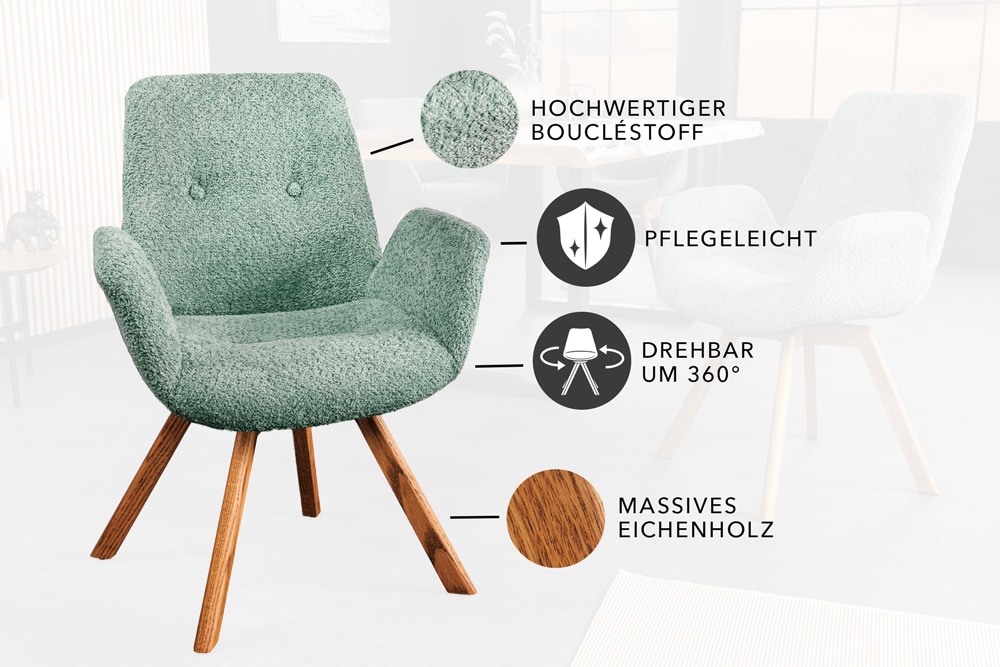 Drehbarer Design Stuhl BALTIC mint Bouclé natur Eiche Massivholz-Beine mit Armlehne