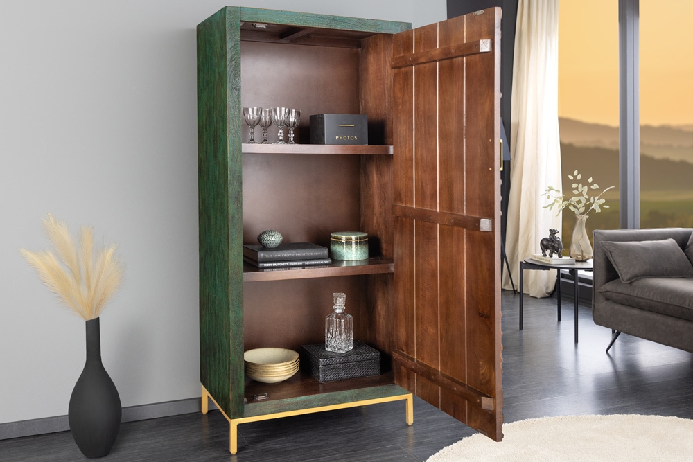 Massives Highboard PEACOCK 170cm grün Mangoholz antik 3D Schnitzerei Pfau-Design