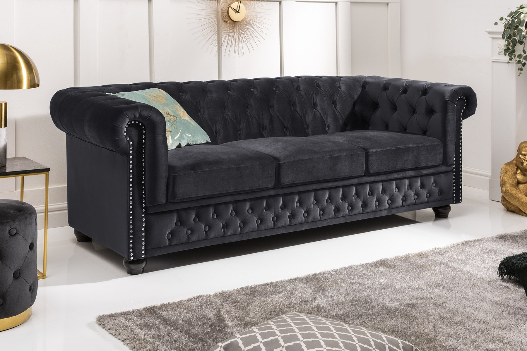Barock Sofa CHESTERFIELD 205cm schwarz Samt Federkern Knopfheftung 3-Sitzer Couch