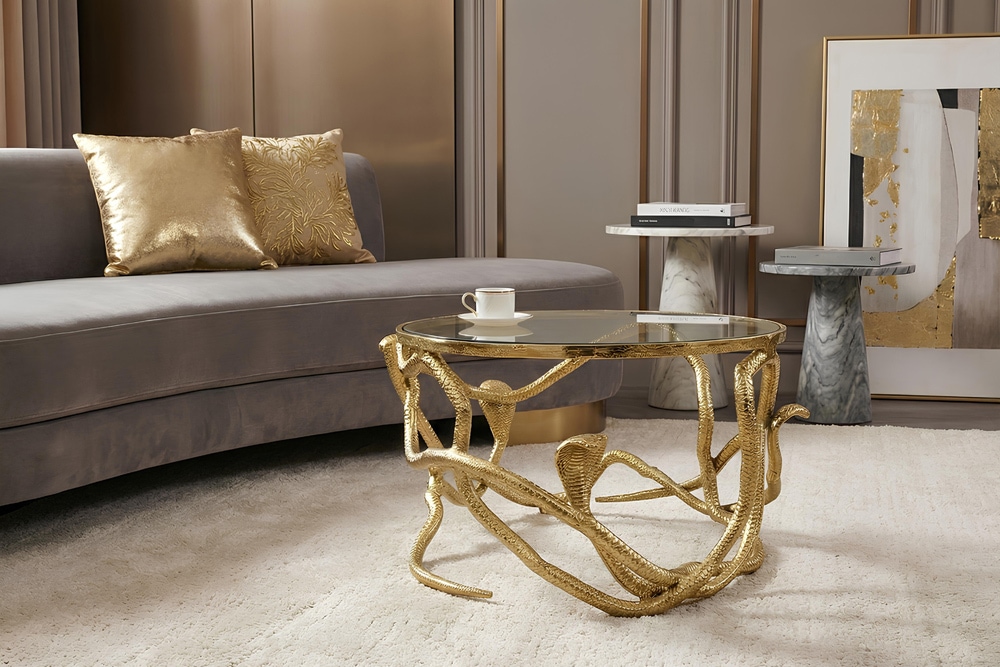 Extravaganter Couchtisch SNAKE 70cm gold rund Metall Schlangen-Skulptur Glasplatte » Jetzt kaufen