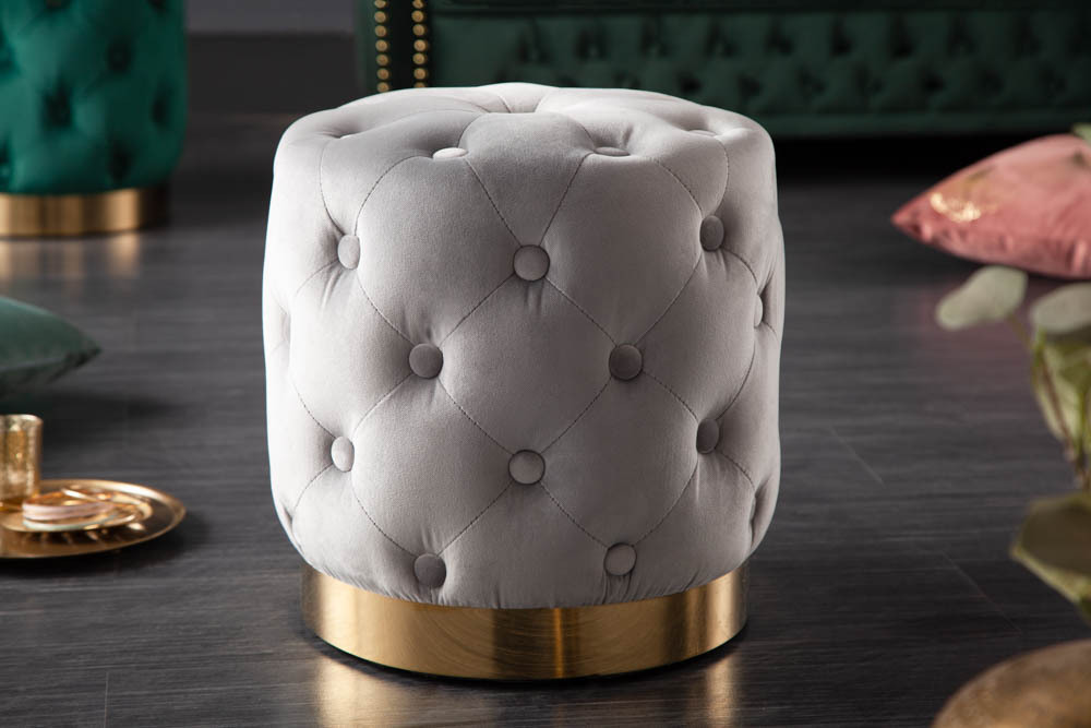 Design Hocker MODERN BAROCK 37cm edel-grau gold Samt Chesterfield