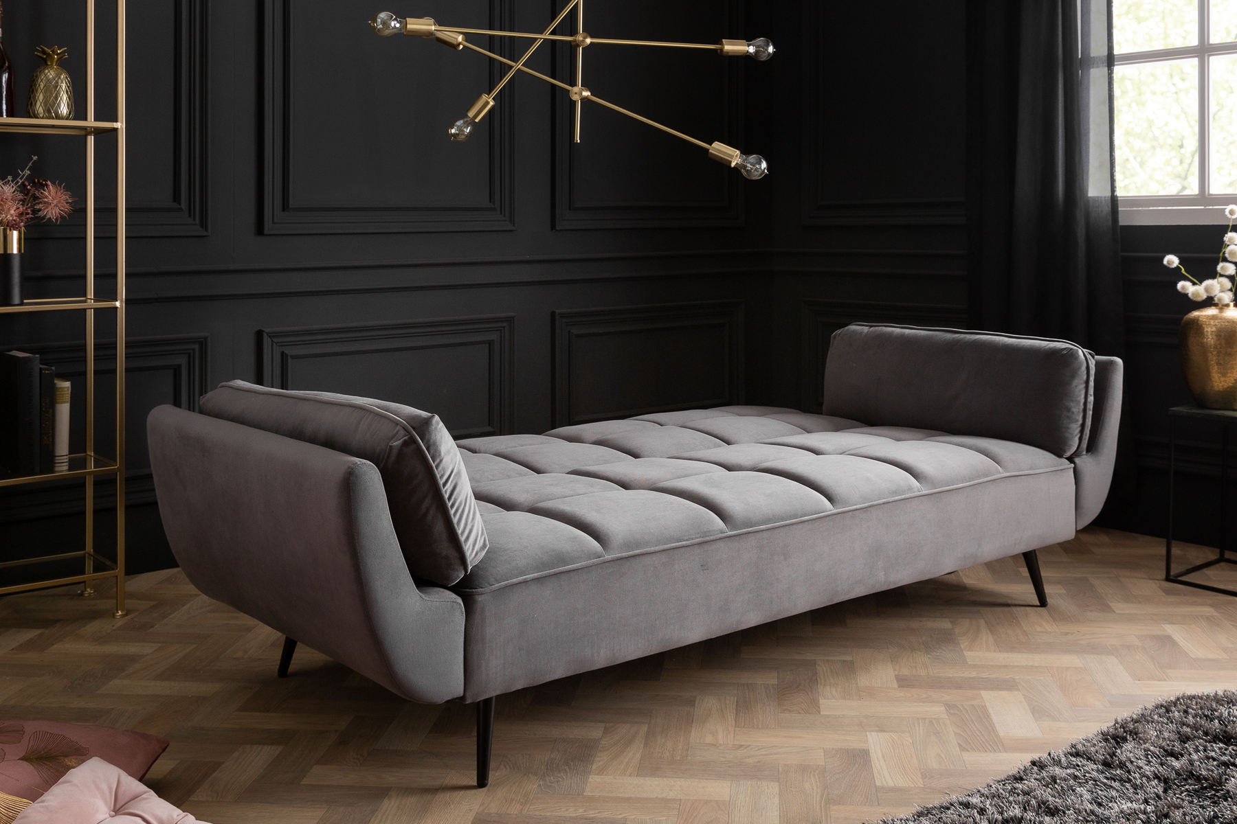 Retro Schlafsofa BOUTIQUE 215cm grau Samt 3-Sitzer mit schwarzen Füßen