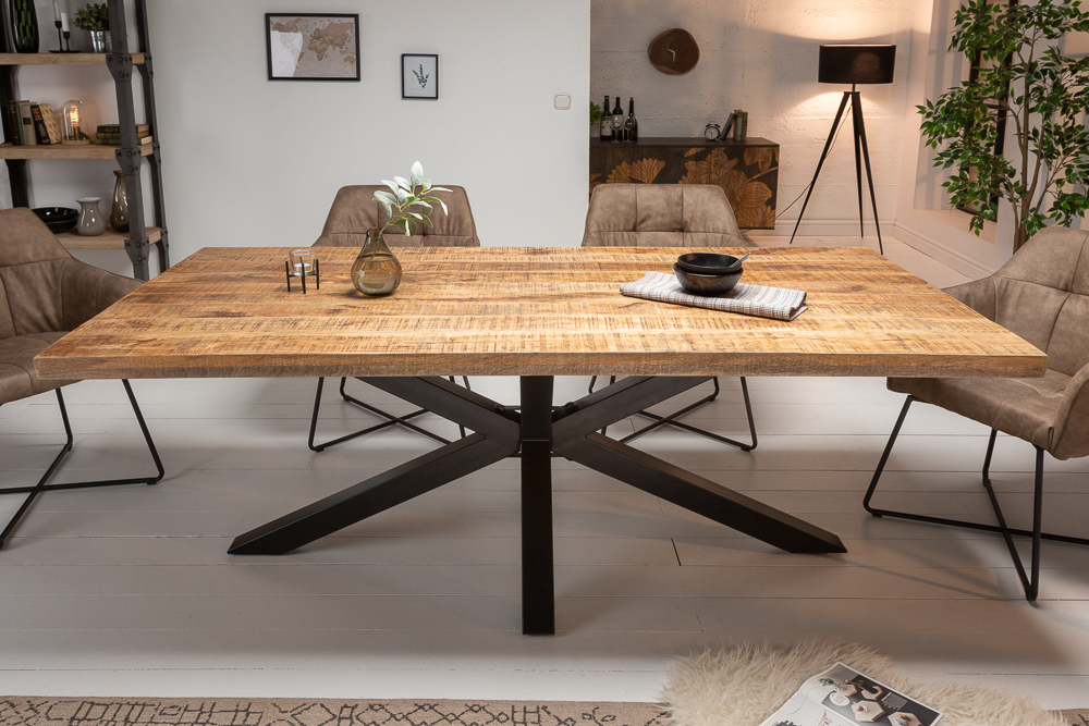 Massiver Industrial Esstisch GALAXIE 200cm Mangoholz sternenförmiges Gestell