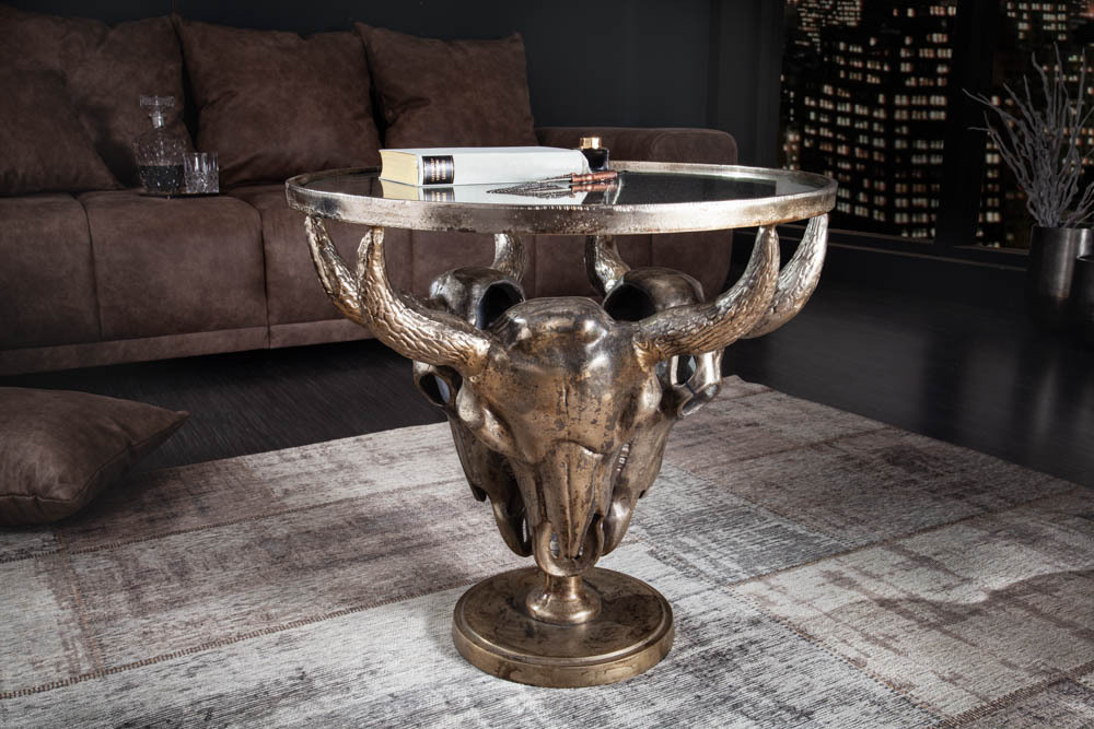 Extravaganter Couchtisch MATADOR 56cm bronze Stierkopf mit Glasplatte