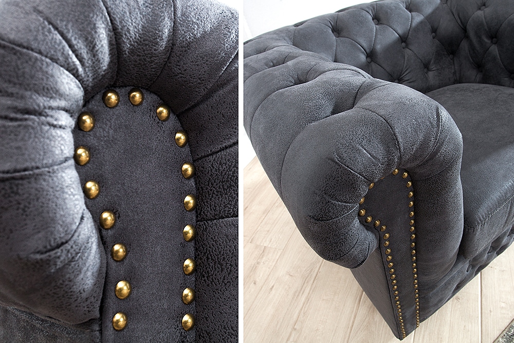 Chesterfield Sessel 105cm antik grau mit Knopfheftung und Federkern