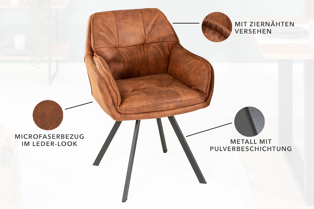 Drehbarer Design Stuhl MR. LOUNGER hellbraun Microfaser mit Armlehne Metall schwarz