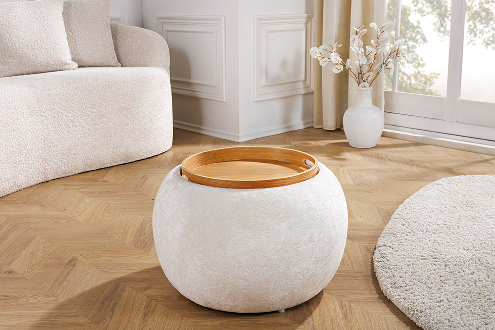 Runder Couchtisch ORBIT 50cm beige Bouclé Hocker mit Tablett und Stauraum