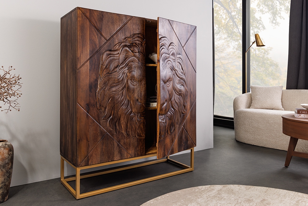 Massives Highboard LION 120cm braun Mangoholz gold Metall 3D Schnitzereien Kunstwerk