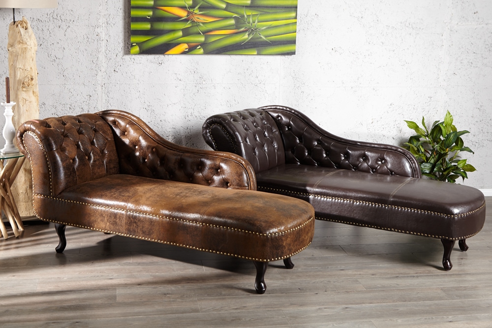 Chesterfield Récamière 170cm antik braun mit Knopfheftung und Nietenbesatz