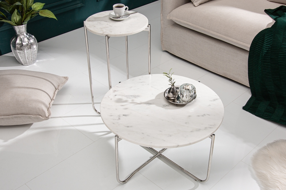 Runder Couchtisch NOBLE 65cm weiß Marmor abnehmbare Tischplatte klappbar silber Metall