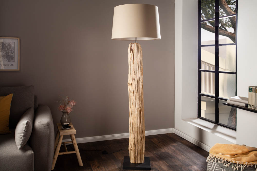 Handmade Stehlampe ROUSILIQUE 180cm beige Treibholzlampe Leinenschirm Baumstamm