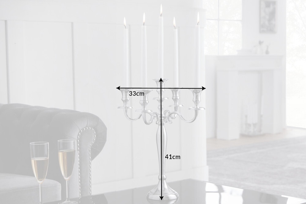 Kerzenständer MODERN BAROCK 40cm silber 5-armig Lüster Aluminium poliert Kerzenhalter