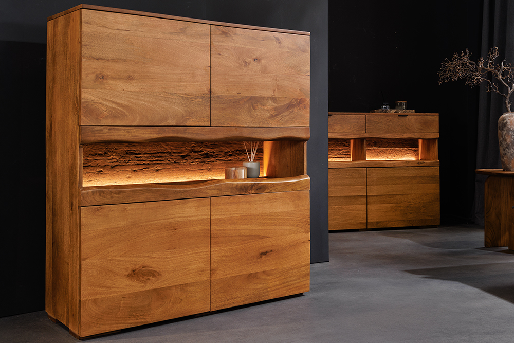 Massives Highboard GRAND 120cm braun Mangoholz mit LED-Beleuchtung Massives Highboard GRAND 120cm braun Mangoholz mit LED-Beleuchtung