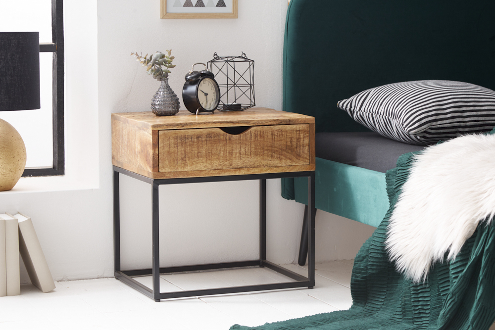 Industrial Nachttisch IRON CRAFT 45cm Mangoholz mit Schublade Beistelltisch