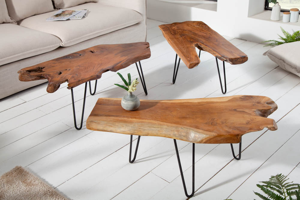 Massiver Couchtisch WILD 100cm Teak Massivholz Baumscheibe Hairpin Legs