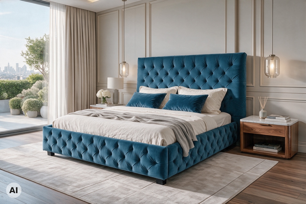 Design Doppelbett PARIS 180x200cm dunkelblau Samt Chesterfield Design Doppelbett PARIS 180x200cm dunkelblau Samt Chesterfield