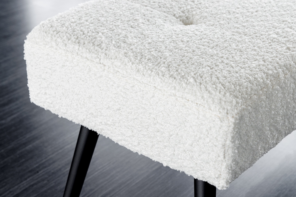 Design Sitzbank BOUTIQUE 100cm weiß Bouclé schwarze Metallbeine Polsterbank