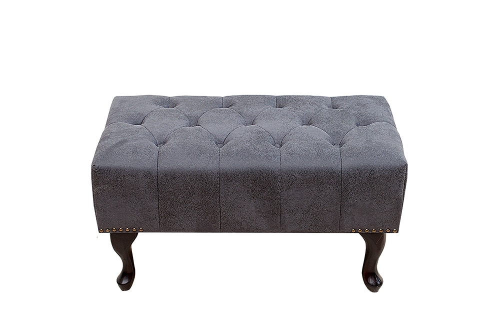 Edler Chesterfield Fußhocker antik grau Microfaser mit Knopfheftung und Nietenbesatz