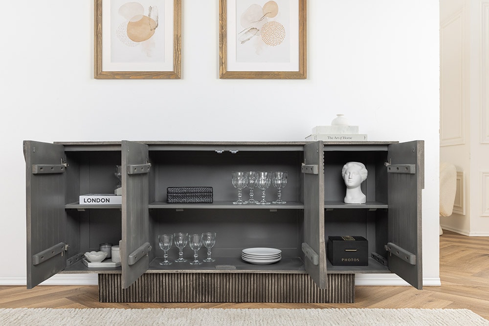 Design Sideboard ART DECO 170cm grau smoked Mangoholz massiv 3D-Front