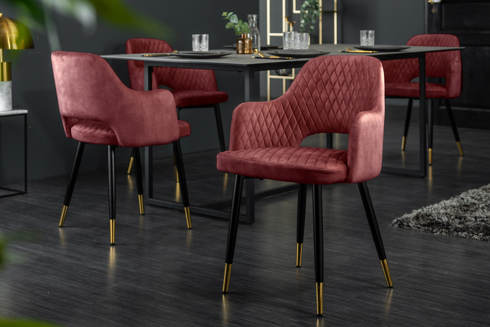 Eleganter Stuhl PARIS bordeaux Vogue Seidenstoff Samt goldene Fußkappen und Armlehnen