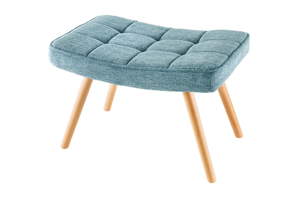 Moderner Hocker SCANDINAVIA blau Strukturstoff Massivholz-Beine Fußhocker