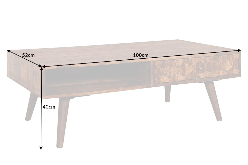 Massivholz Couchtisch MYSTIC LIVING 100cm braun Sheesham stone finish mit Stauraum
