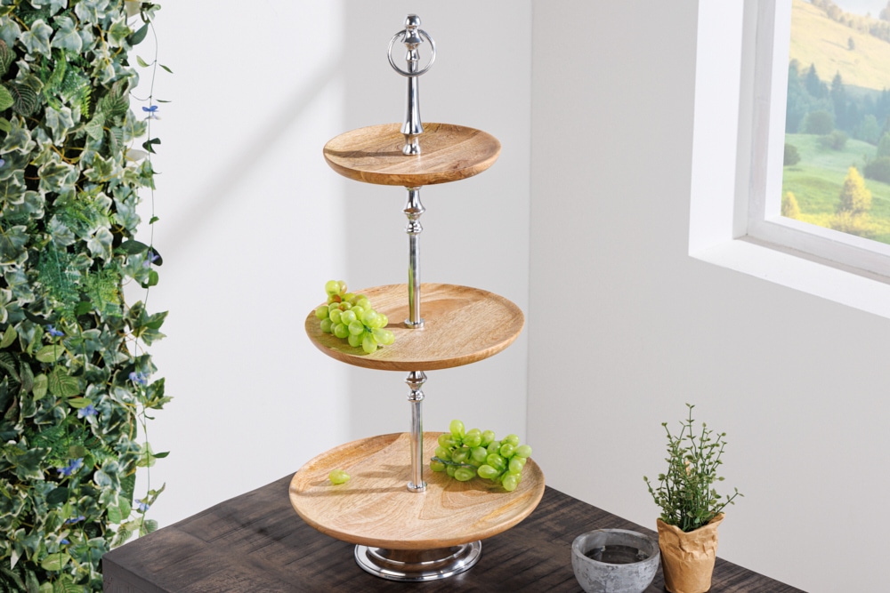 Dekorative Etagere PURE NATURE 68cm silber Mangoholz handmade drei Etagen