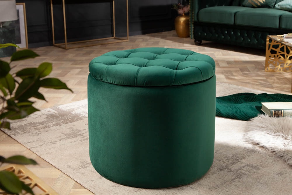 Eleganter Hocker MODERN BAROCK 50cm dunkelgrün Samt Aufbewahrungkorb