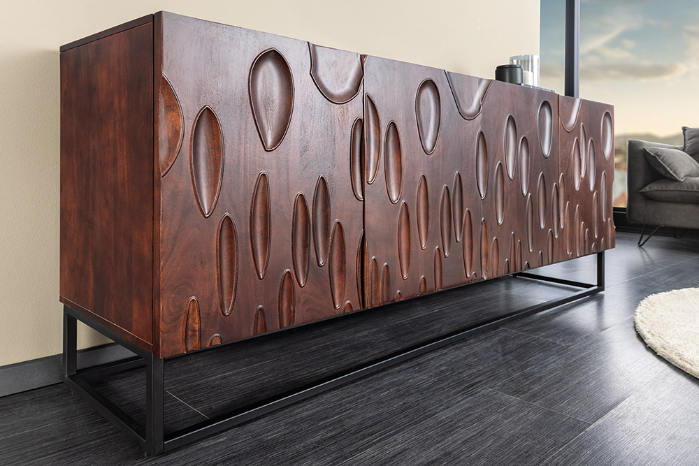Massives Sideboard DUNE 175cm walnuss-braun Akazienholz 3D-Design schwarz Metall » Jetzt kaufen