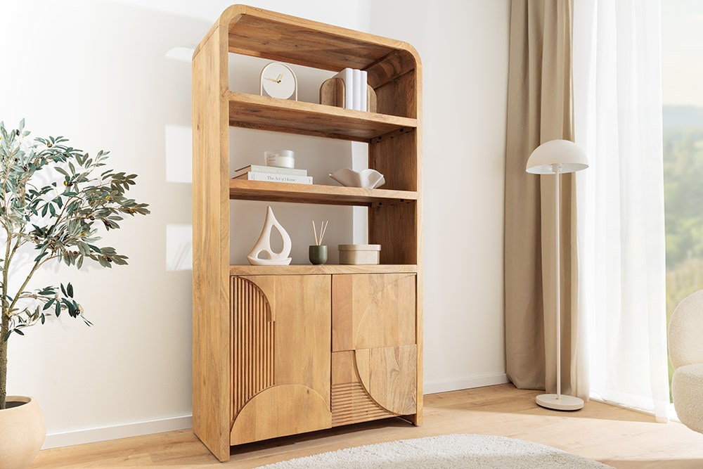Massives Regal ART DECO 175cm cream finish beige Mangoholz abgerundet mit 3D-Front