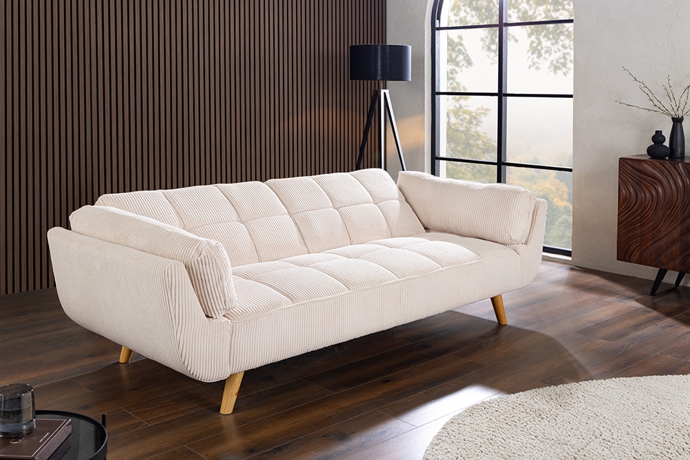 Schlafsofa BOUTIQUE 215cm beige Cord 3-Sitzer mit Holz-Füßen natur