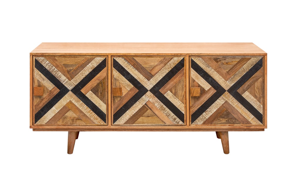 Elegantes Sideboard LONG ISLAND 160cm Mangoholz-Optik mit Retro Muster