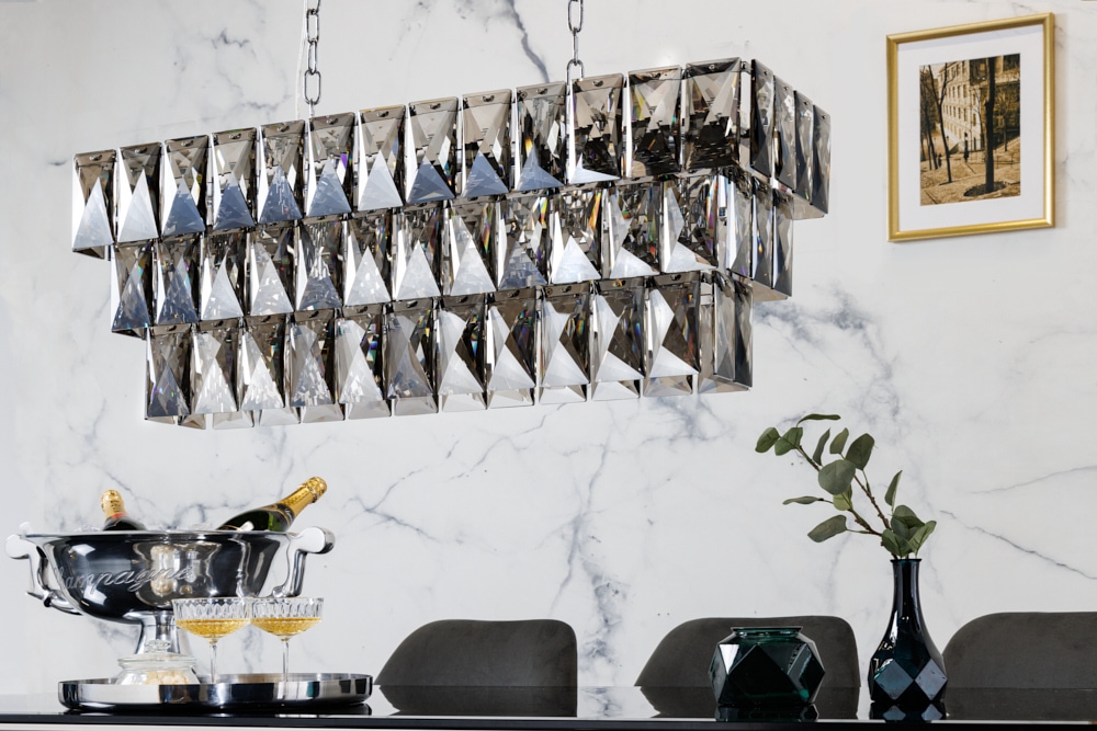 Luxus Hängelampe KRISTALL 90cm edelgrau Design Kronleuchter Glasprismen