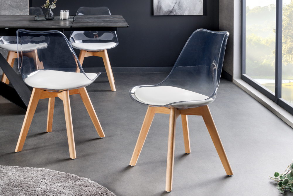 Design Stuhl SCANDINAVIA MEISTERSTÜCK transparent weiß Kunststoff Buchenholz natur