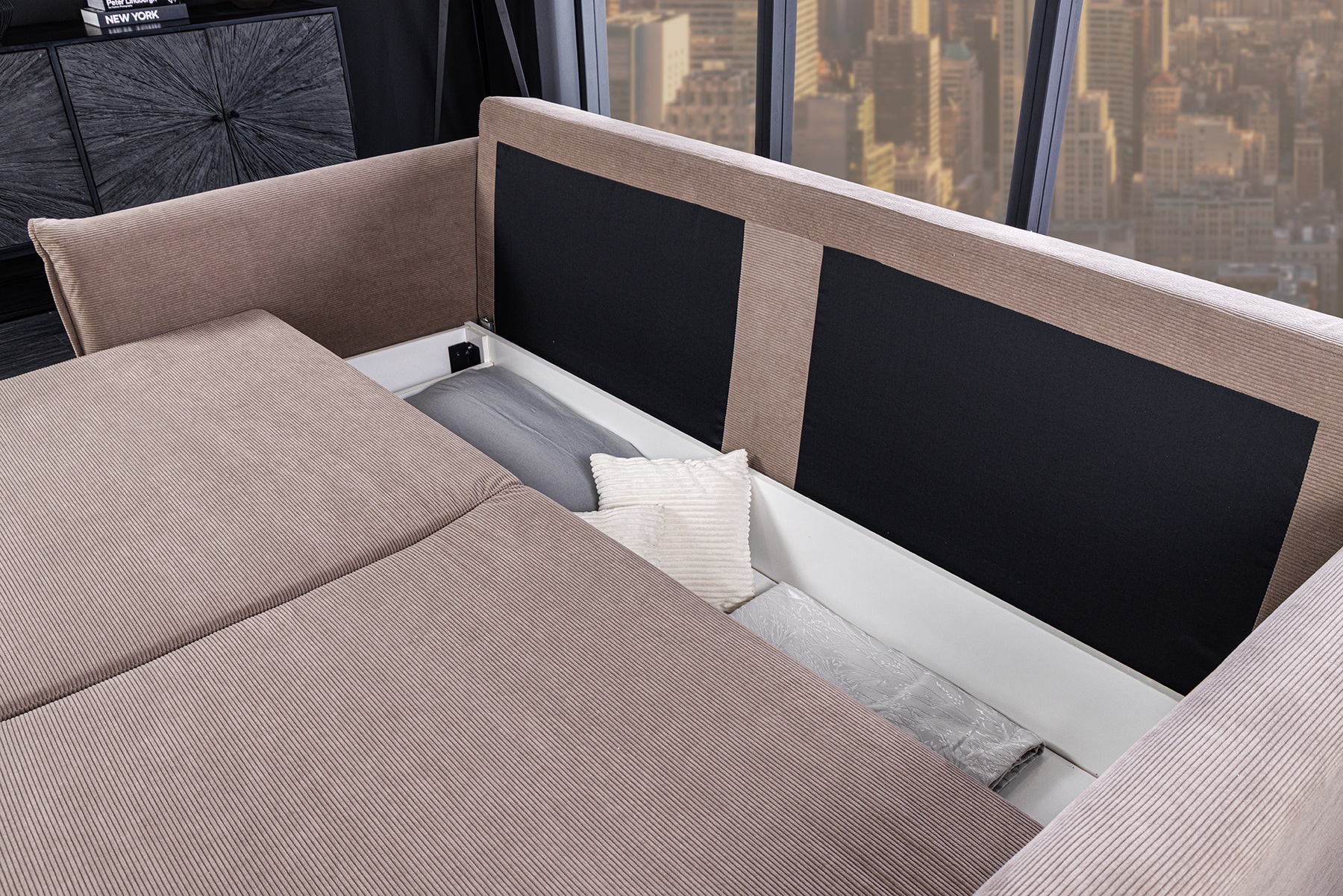 XXL Sofa mit Schlaffunktion APARTMENT  taupe Cord inkl. Bettkasten und Kissen