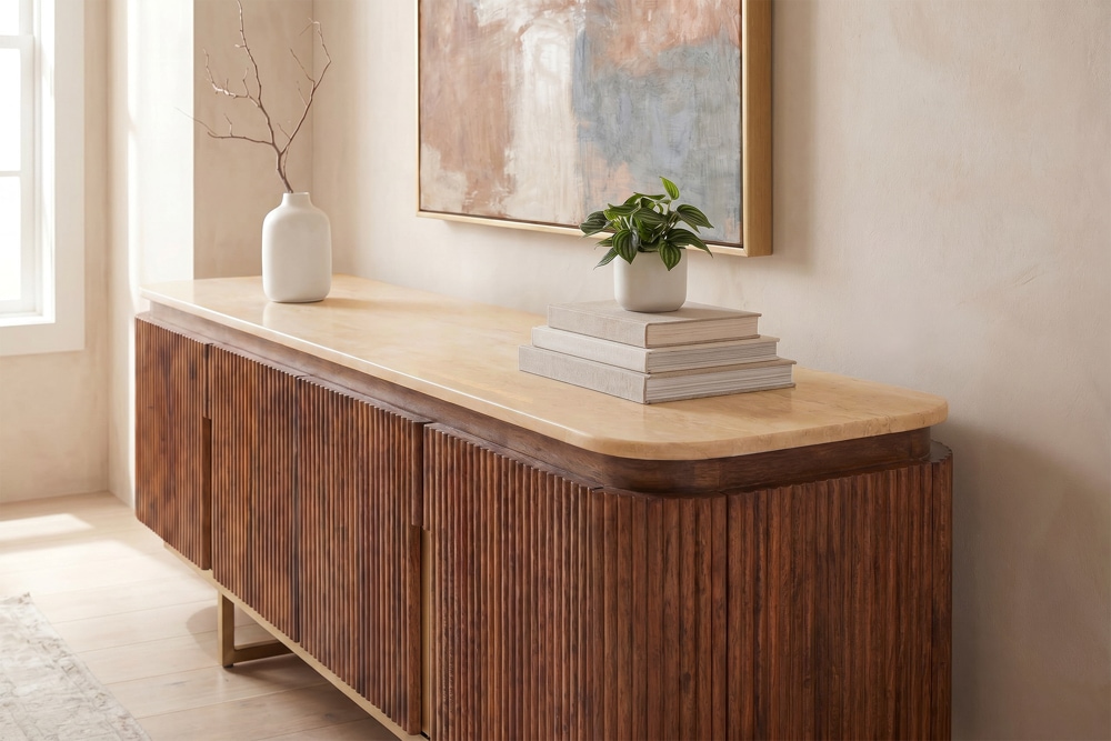 Design TV-Board GATSBY 160cm braun gold Mangoholz mit Travertin Metallgestell