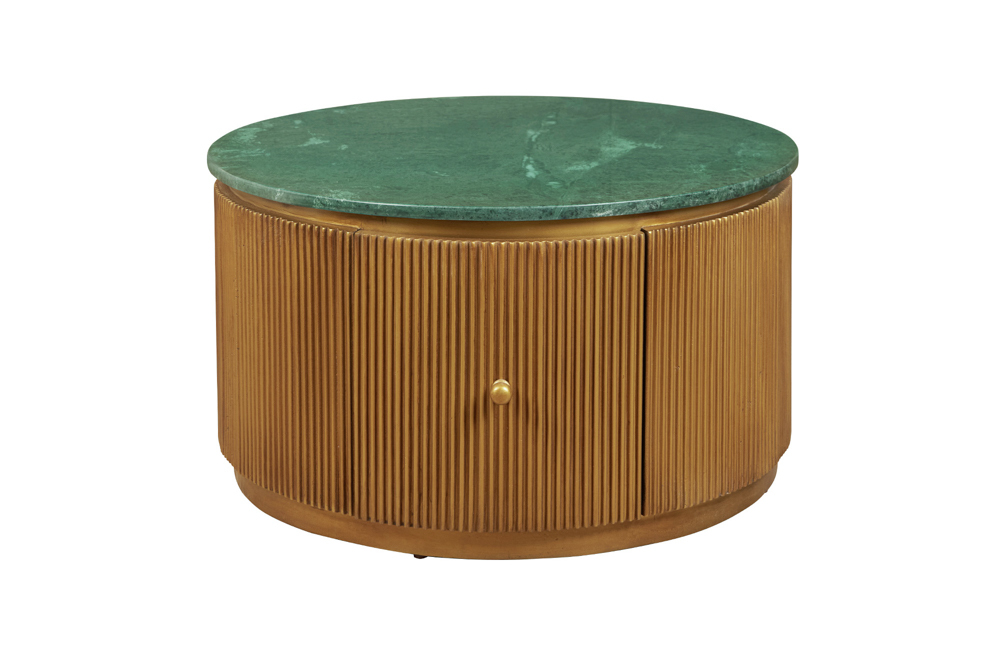 Runder Couchtisch COFFEE TABLE VENEZIANO 70cm messing grün Mangoholz Marmor Schublade