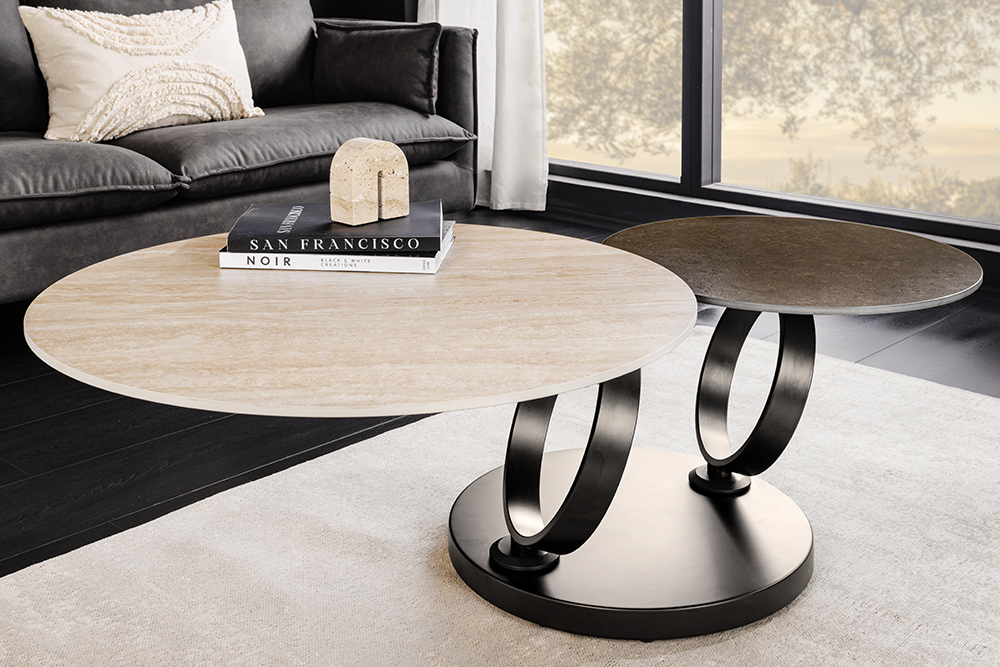 Design Couchtisch DANCING RINGS rost rund drehbar Travertin Keramik schwarz Gestell