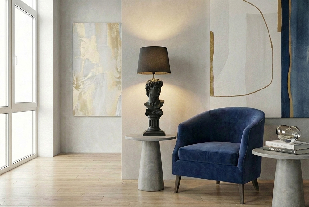Handgefertigte Tischlampe DAVID 70cm schwarz mit Büste Stoffschirm
