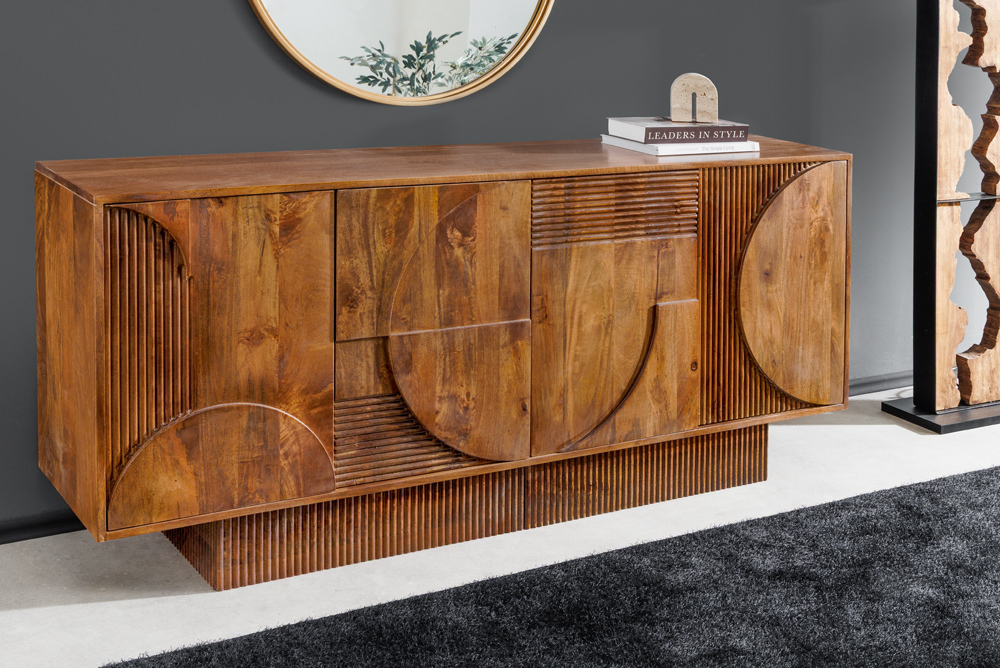 Massives Sideboard ART DECO 170cm braun smoke Mangoholz 3D-Front