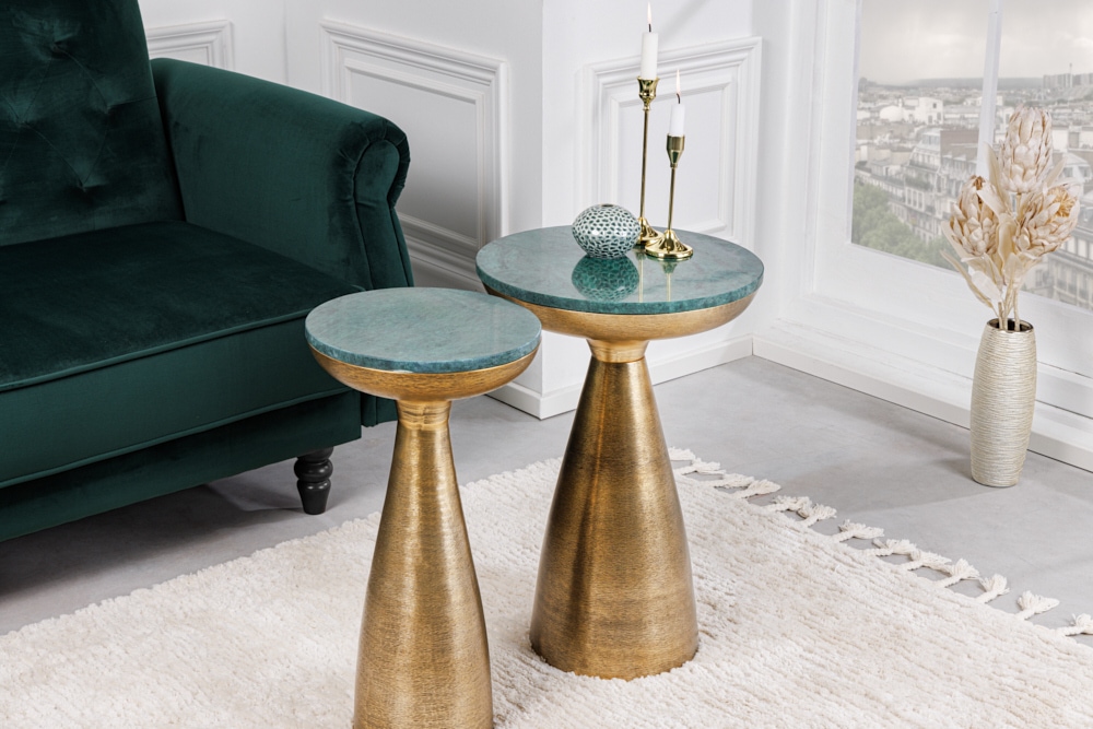 Handgearbeiteter Beistelltisch ELEMENTS 60cm gold grün Marmor rund