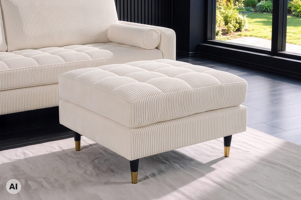 Design Hocker COZY VELVET 80cm beige gold Cord Metallfüße